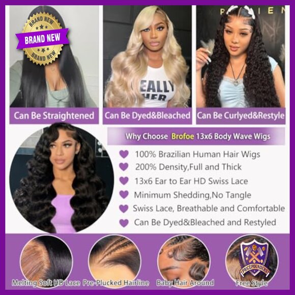 32 Inch Human Hair Lace Front Wig 200 Density Body Wave Pre Plucked Glueless